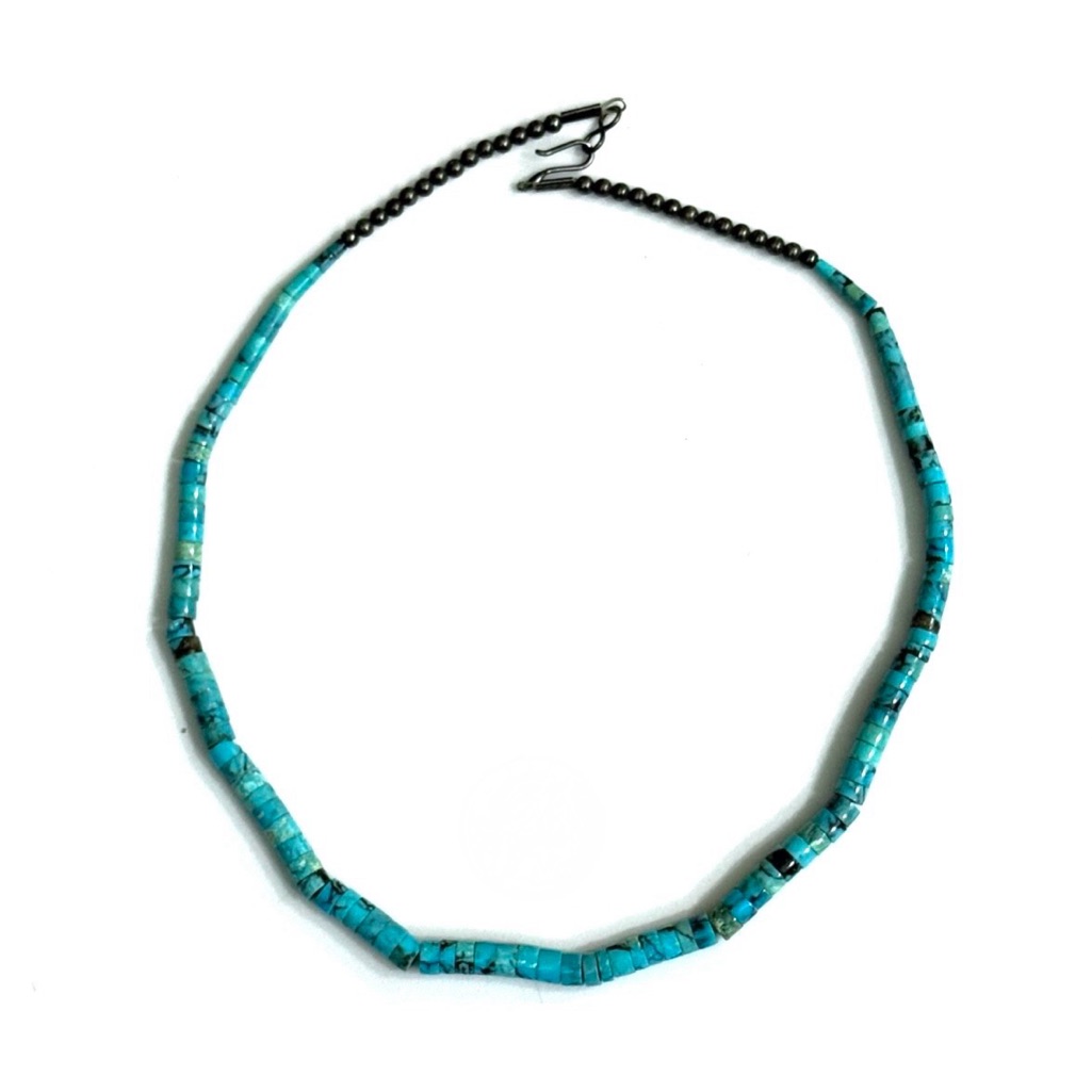 Old Pawn Turquoise Heishi Sterling Silver Navajo Pearls Necklace